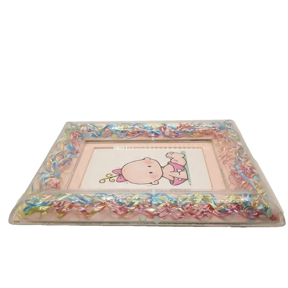 Borden Borders Lucite Confetti Ribbon Baby Pink Blue Picture Frame 4x6 Photo